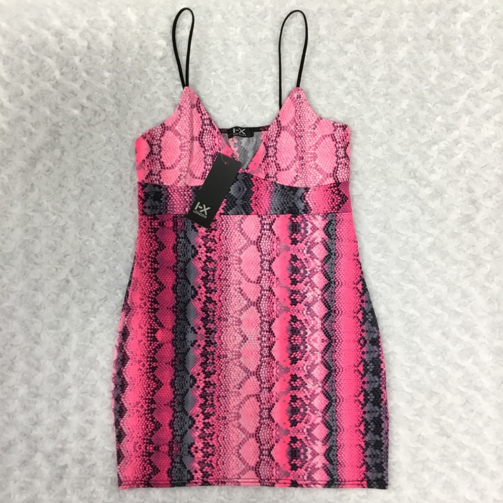 I-X London Snake Print Strappy Plunge Bodycon Nighty Slip Dress Pink - Picture 12 of 15